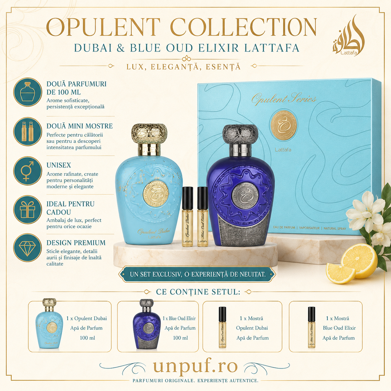 Lattafa Opulent Collection Dubai si Blue Oud Elixir prezentare note olfactive, beneficii, set complet, Eau de Parfum unisex